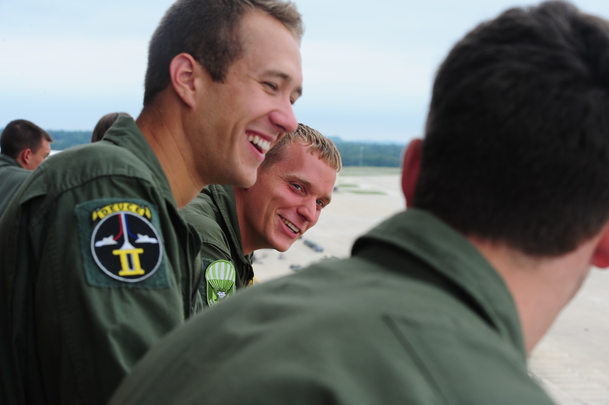 U.S. Air Force Academy cadets Cameron Potts, James Burke and Ronald Moberg share a laugh during a tour of the air traffic control tower at Whiteman Air Force Base, Mo., July 30, 2013. Operation Air Force is a program that provides Academy cadets a first-hand look at the daily operations of an Air Force base. (U.S. Air Force photo by Staff Sgt. Nick Wilson/Released)