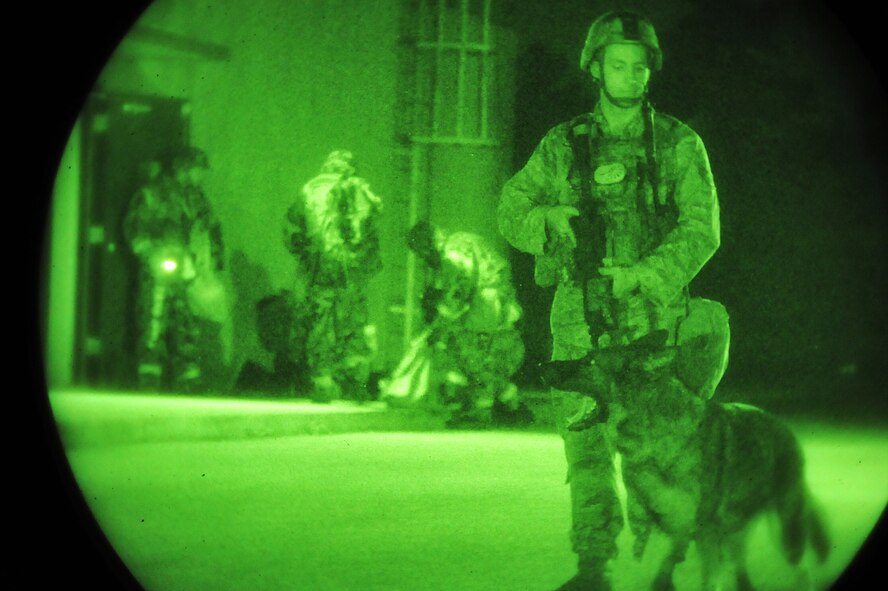 A 51st Security Forces Squadron military working dog handler ensures members of the emergency operations center are secured as they evacuate a building during Operational Readiness Exercise Beverly Midnight 13-03 at Osan Air Base, Republic of Korea, Aug. 8, 2013. Osan Airmen are in the fourth simulated wartime contingency exercise executed in 2013 that will test the base's ability to defend and execute the mission in a heightened state of readiness. (U.S. Air Force photo/Staff Sgt. Emerson Nuñez)