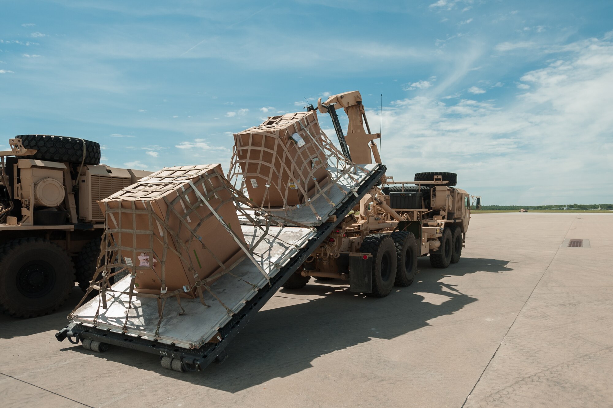 Soldiers from the U.S. Army’s 689th Rapid Port Opening Element in Fort Eustis, Va., load simulated disaster-relief supplies onto a Load Handling System truck on the flight line of MidAmerica St. Louis Airport in Mascoutah, Ill., on Aug. 7, 2013 as part of Exercise Gateway Relief, a U.S. Transportation Command-directed earthquake-relief scenario. The cargo will be hauled to a forward node, where it will be staged for further movement over land by trucks. The 689th is teaming up with the Kentucky Air National Guard’s 123rd Contingency Response Group through Aug. 9 for the exercise. (U.S. Air National Guard photo by Maj. Dale Greer)