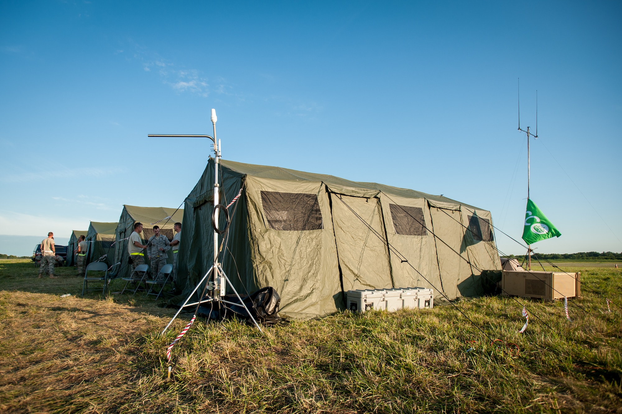 Four tents contain the majority of airfield operations for Exercise Gateway Relief at MidAmerica St. Louis Airport in Mascoutah, Ill., on Aug. 7, 2013. The Kentucky Air Guard’s 123rd Contingency Response Group is teaming up with the U.S. Army’s 689th Rapid Port Opening Element from Fort Eustis, Va., through Aug. 9 to operate a Joint Task Force-Port Opening in support of the exercise, an earthquake-relief scenario directed by U.S. Transportation Command. (U.S. Air National Guard photo by Maj. Dale Greer/Released)The Kentucky Air National Guard's 123rd Contingency Response Group operated the airlift side of the JTF-PO, known as an Aerial Port of Debarkation. (U.S. Air National Guard photo by Maj. Dale Greer)