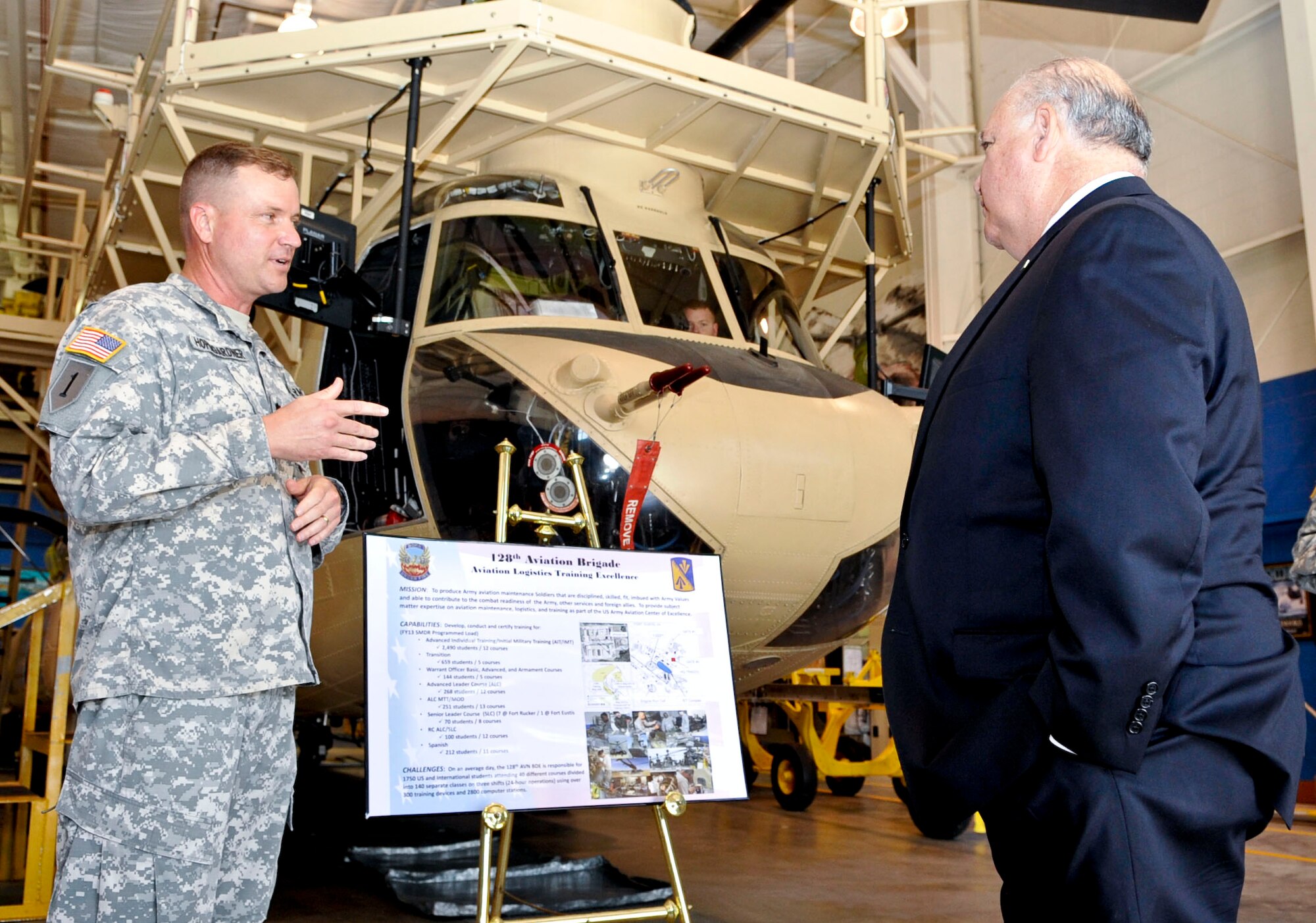 From left, U.S. Army Lt. Col. Stephen Hapgardner, 128th Aviation Brigade operations officer, briefs Under Secretary of the Army Joseph W. Westphal on one of the training programs offered at Fort Eustis, Va., August 7, 2013. During his tour of the schoolhouse, Westphal talked to students and instructors about their training program and facilities. (U.S. Air Force photo by Staff Sgt. Wesley Farnsworth/Released)