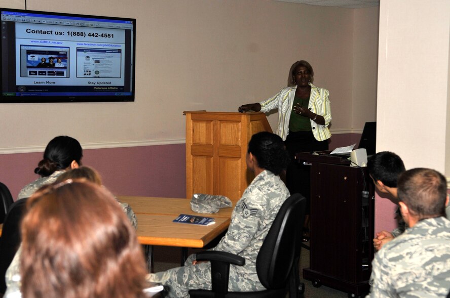 JoAnna Lester, Veterans Affairs military service coordinator of the New Orleans regional office leads the Post 9/11 GI Bill briefing at the Airman & Family Readiness Center on Barksdale Air Force Base, July 31. The briefing educated Airmen on the benefits of the Post 9/11 GI Bill which gives eligible Airmen and family members over 18 years old up to 36 months of entitlement based on their length of service. (U.S. Air Force photo/ Airman 1st Class Benjamin Raughton)