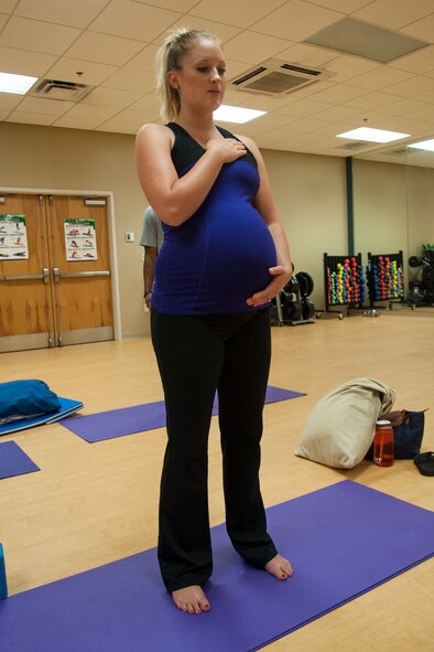 Katherine Ragsdale, wife of U.S. Air Force Capt. Kenneth Ragsdale, 820th Combat Operations Squadron chief of communications, meditates during a prenatal yoga class at Moody Air Force Base, Ga., July 31, 2013. Prenatal yoga uses modified versions of standard yoga poses to keep expectant mothers and their babies safe. (U.S. Air Force photo by Airman 1st Class Sandra Marrero/released) 

