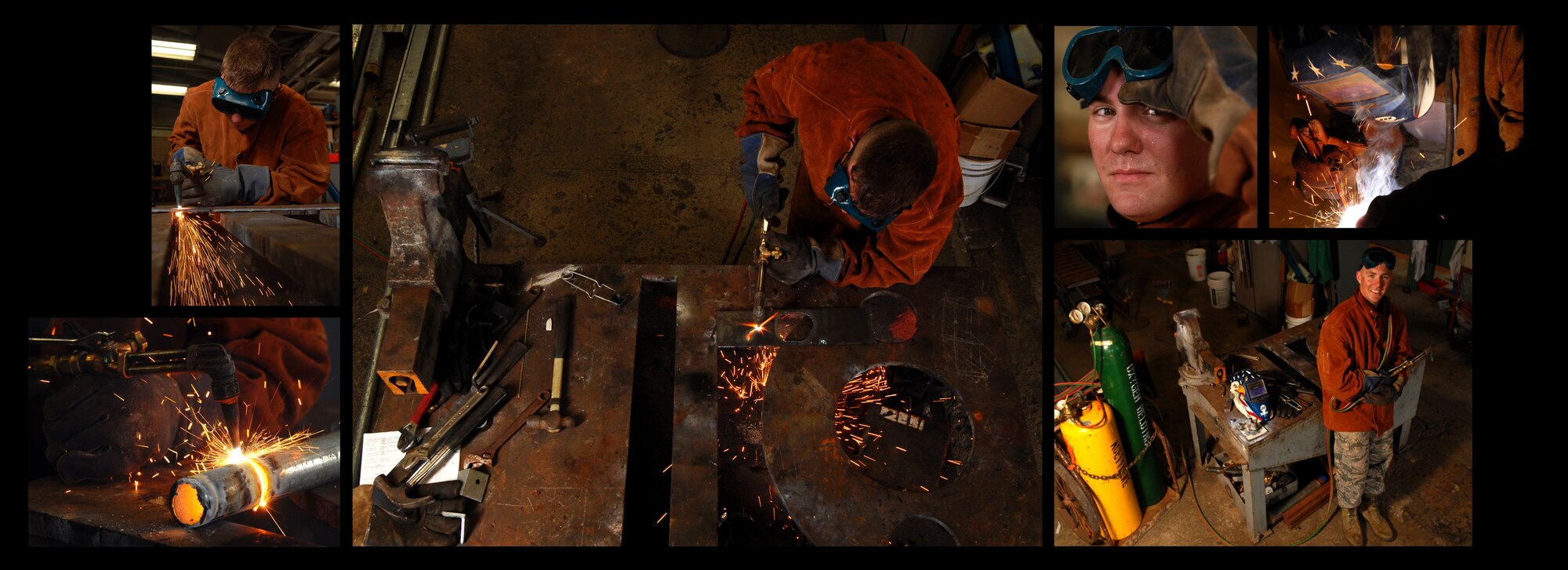 U.S. Air Force Staff Sgts. Justin Reilly and Casey Wenningham, 18th Civil Engineer Squadron metal structural technicians, apply their craft of metal works on Kadena Air Base, Japan, July 31, 2013. Reilly and Wenningham work in the metal fabrication flight and are called on to complete welding, sheet metal, duct work, fabrication and repairs to maintain Kadena's buildings.  (U.S. Air Force photo by Staff Sgt. Lauren Snyder/Released)