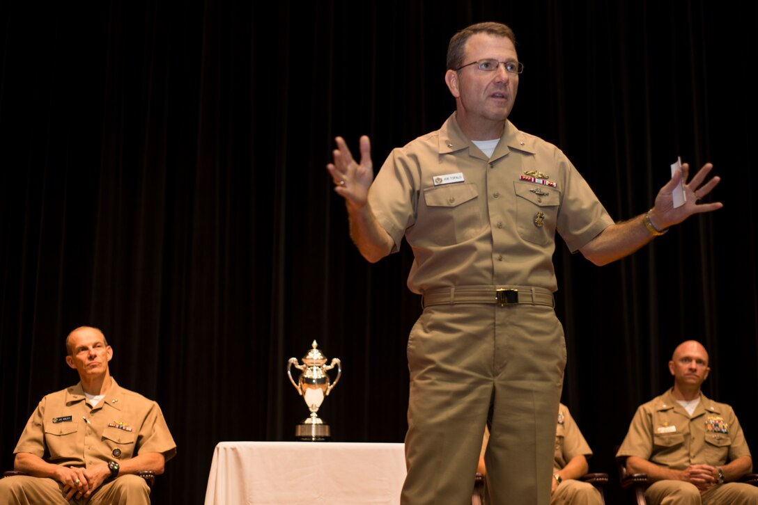 (130808-N-FG395-011) KINGS BAY, Ga. - Rear Admiral Joseph Tofalo, Commander, Submarine Group Ten, addresses the blue and gold crews of the Ohio-class ballistic missile submarine USS Alaska (SSBN 732) at the Omaha Trophy presentation in the Kings Bay Auditorium at Naval Submarine Base Kings Bay August 8, 2013. Alaska was awarded the Omaha Trophy after being selected as the ballistic missile submarine best demonstrating the highest performance standards in U.S. Strategic Command&#039;s mission areas. (U.S. Navy photo by Mass Communication Specialist 1st Class(SW) James Kimber)