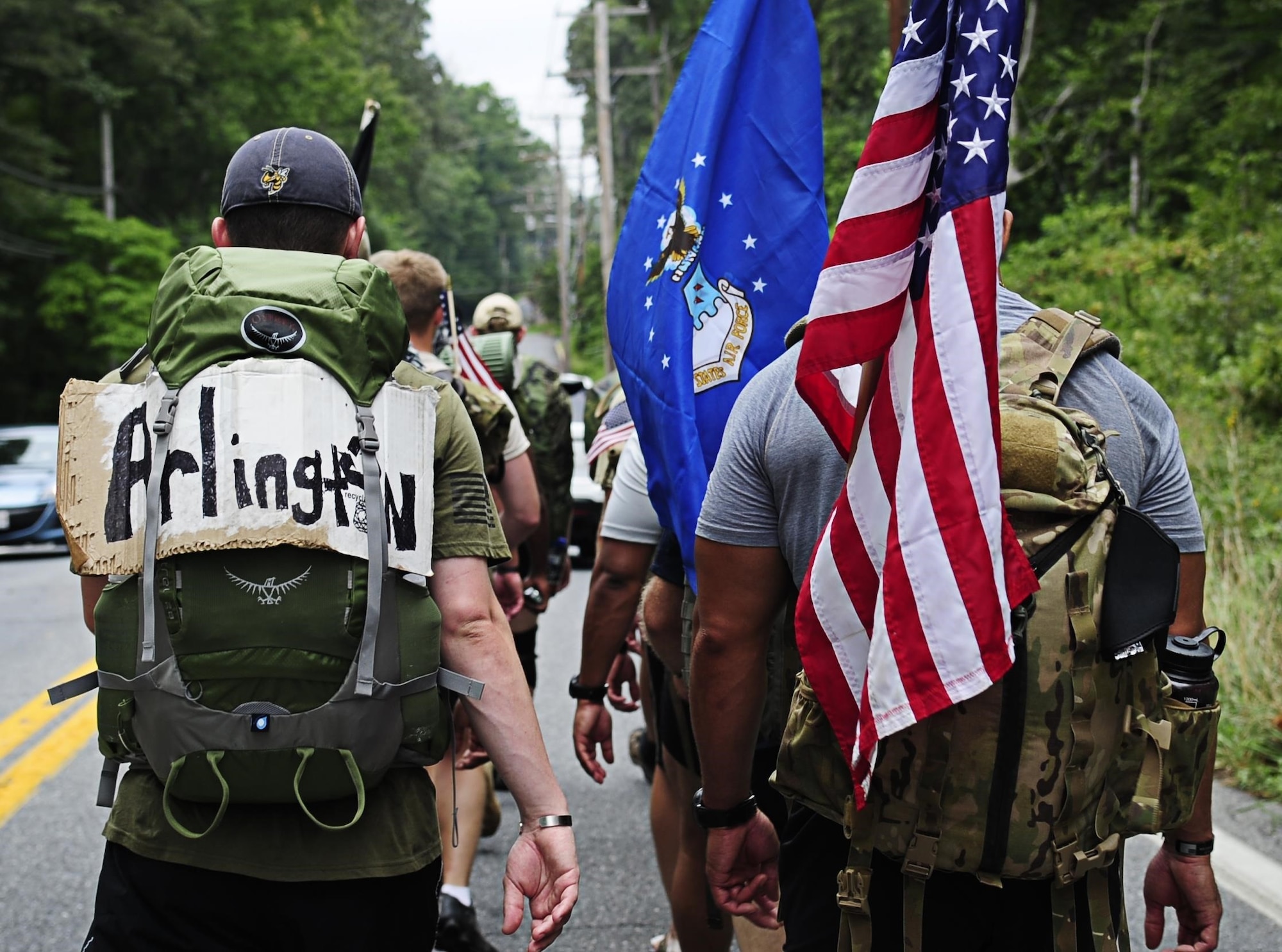 Tactical Air Control Party Airmen from the 13th Air Support Operations Squadron, Ft. Carson, Co. ruck through Gambrills, Md., during a portion of their 140-mile ruck to honor their fallen commander, Maj. David Gray, who was killed in Afghanistan last year, Aug. 7, 2013. The Airmen are marching from Dover Air Force Base, Del., the receiving point for deceased service members killed in war, to Arlington National Cemetery, to Gray’s gravesite. (U.S. Air Force photo/Senior Airman Lauren Main)