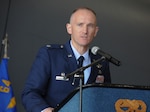 Lt. Col. Ryan Samuelson speaks June 2, 2011, after assuming command of the 64th Air Refueling Squadron.
