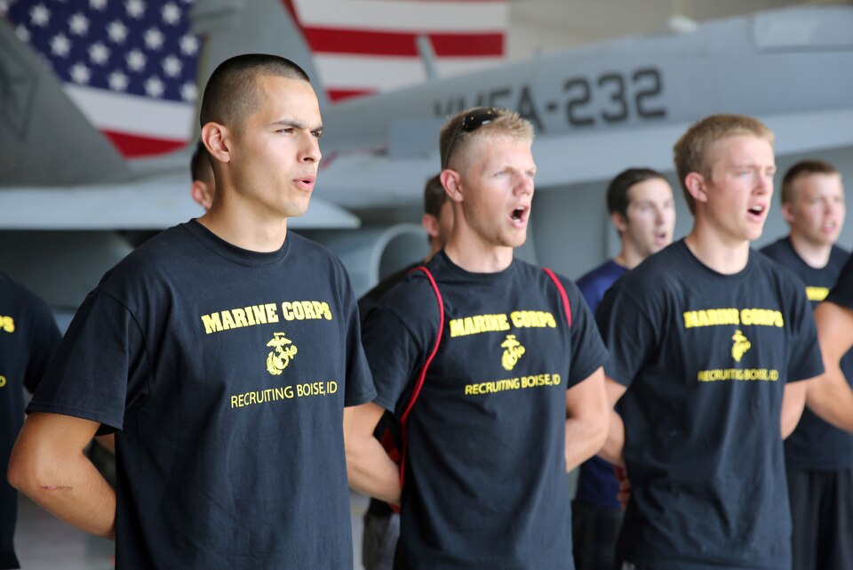 Poolees from Recruiting Substation Boise, Idaho, yell a common Marine Corps battle cry, "oorah," during a visit to Marine Fighter Attack Squadron 232 aboard Mountain Home Air Force Base, Idaho, July 29. Poolees asked the Marines what they should expect during and after recruit training. 