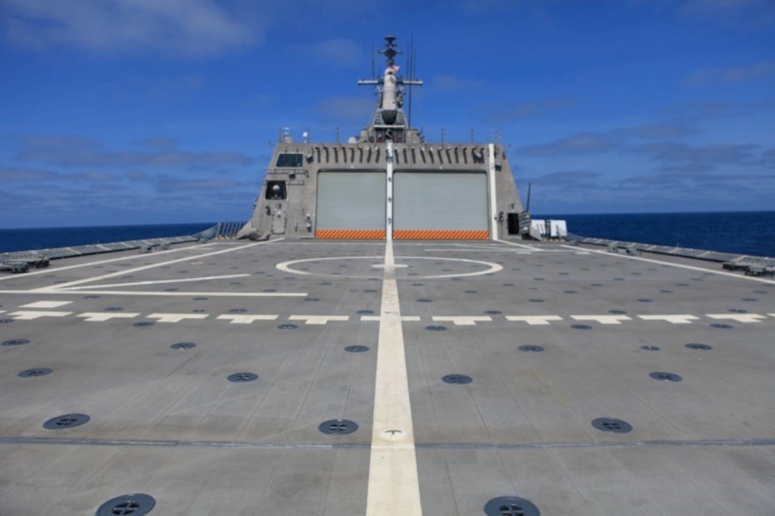 The Littoral Combat Ship USS Independence (LCS 2) is capable of operating three different mission packages: mine, surface and anti-submarine warfare. The lightweight, highly maneuverable ship can reach speeds upwards of 40 knots or near 50 mph, making it one of the most versatile and unique ships available today.