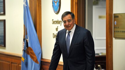 Secretary of Defense Leon E. Panetta leaves his Pentagon office Feb. 14, 2013. Panetta told Congress that the Defense Department is preparing for furloughs in the event of sequestration.