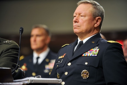 Army Gen. Frank Grass, the chief of the National Guard Bureau, testifies Feb. 12, 2013, before the Senate Armed Services Committee on sequestration. Military leaders testified Feb. 26, 2013, to a House subcommittee on the same topic.