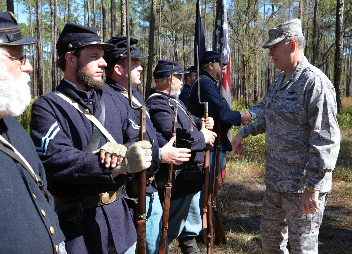 Florida Adjutant General Maj. Gen. Emmett Titshaw Jr. meets with Civil War re-enactors at the Olustee Battlefield Historic State Park in north-central Florida, Feb.15, 2013.