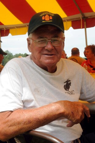 Ralph Hoffmann, retired master gunnery sergeant, eats lunch at the Sergeant Major of the Marine Corps Picnic aboard Marine Corps Base Quantico on August 3, 2013. Hoffman is a veteran of several well-known Marine Corps battles including Inchon and the Chosin Reservoir, Korea.