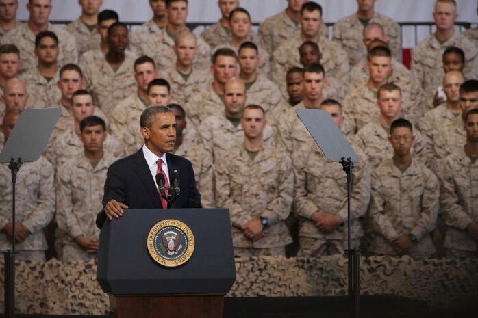 President Barack Obama speaks to a crowd of Marines, sailors and family members aboard Camp Pendleton, Aug. 7, 2013. President Obama visited the base to thank the Marines and sailors for their commitment to the mission in Iraq and Afghanistan and commended 1st Marine Division for being the most ready when the nation is least ready.