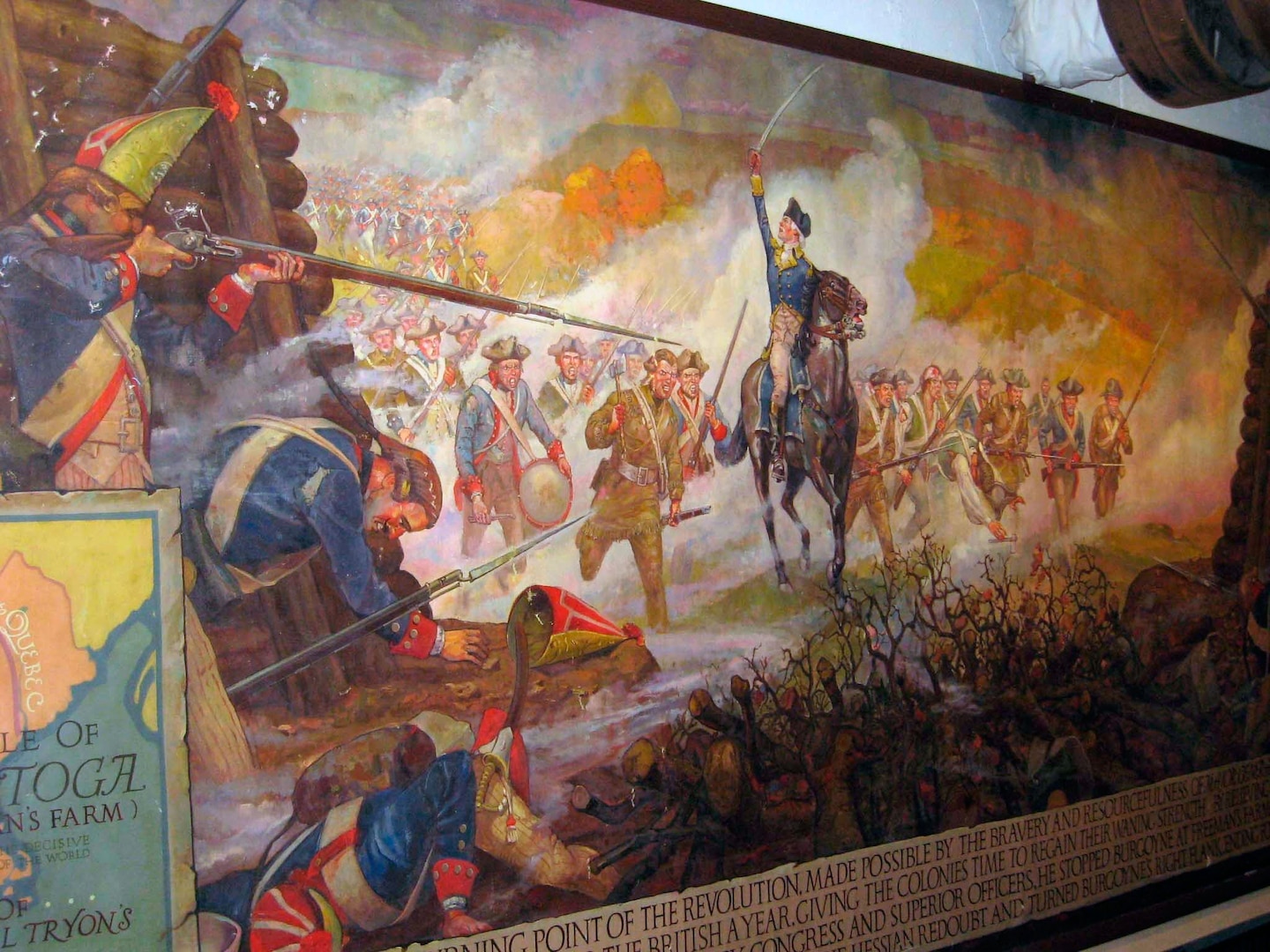 A detail from the mural "Benedict Arnold, Triumphant at Saratoga," by military artist George Gray, depicts the moment on Oct. 7, 1777, when American Gen. Benedict Arnold, despite an order from Gen. Horatio Gates confining him to quarters, led the Continental Army to victory during the Battle of Bemis Heights, a part of the larger Battle of Saratoga.