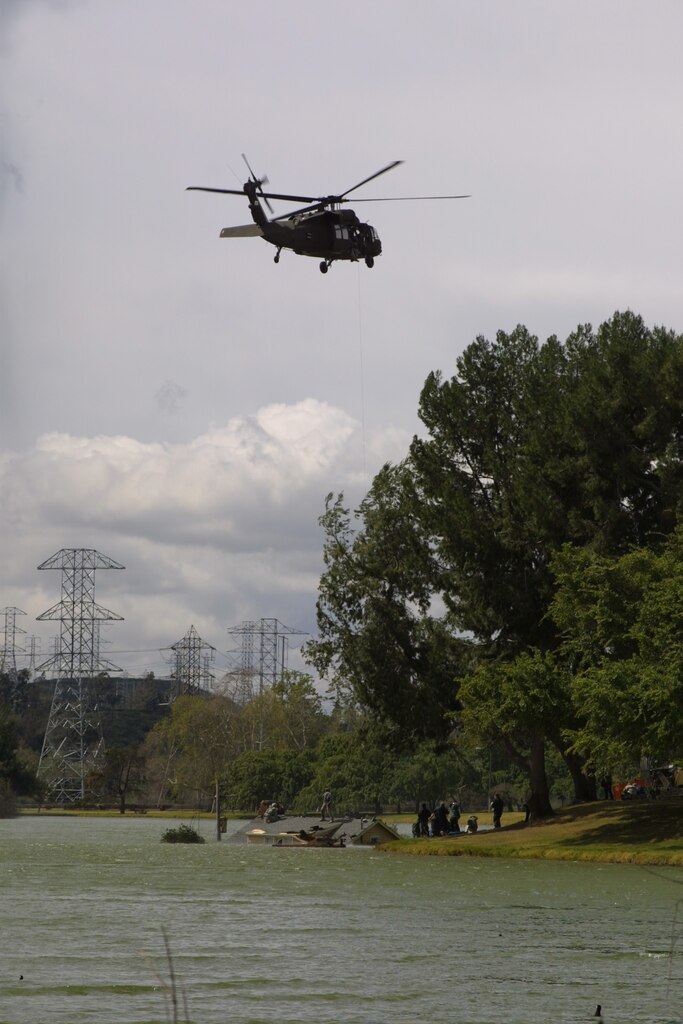 Upon issuing a film permit, another group of Corps professionals step in to ensure the environment is protected and facilities are not damaged during filming.  Most of all, they ensure filming is conducted in a safe manner. 
For example, in May, the U.S. Army National Guard released their newest commercial, which was filmed in the Corps’ Whittier Narrows flood control basin and incldued high risk maneuvers using a Blackhawk helicopter. 
