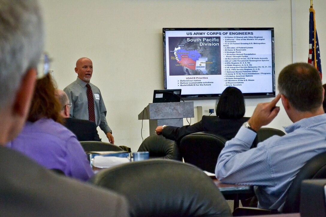 Rick Vrendenburg, San Francisco District’s Small Business Deputy discusses South Pacific Division small business achievements at Coast Guard Island, Calif., Aug. 8, 2013, as the keynote speaker for the Society of American Military Engineers (SAME) – San Francisco Post’s meeting. The monthly event provides a venue for interagency exchange of ideas and partnerships with large and small business companies.