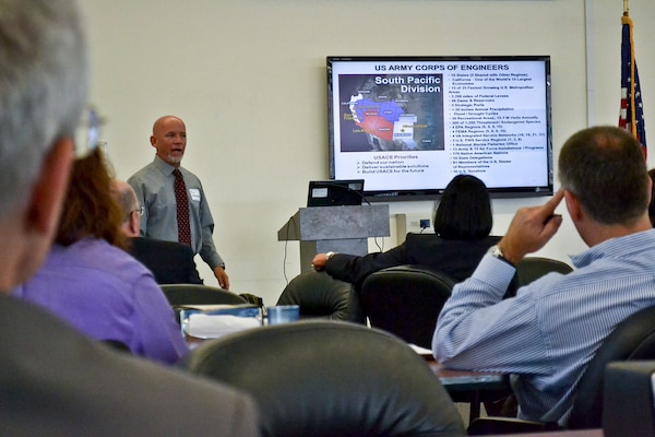 Rick Vrendenburg, San Francisco District’s Small Business Deputy discusses South Pacific Division small business achievements at Coast Guard Island, Calif., Aug. 8, 2013, as the keynote speaker for the Society of American Military Engineers (SAME) – San Francisco Post’s meeting. The monthly event provides a venue for interagency exchange of ideas and partnerships with large and small business companies.