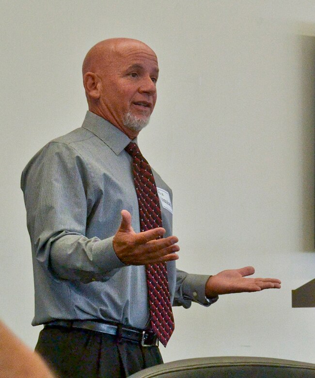 Rick Vrendenburg, San Francisco District’s Small Business Deputy discusses South Pacific Division small business achievements at Coast Guard Island, Calif., Aug. 8, 2013, as the keynote speaker for the Society of American Military Engineers (SAME) – San Francisco Post’s meeting. Vrendenburg, keynote speaker at the monthly event, advocated small businesses to inform the Corps about their classifications such as “Woman Owned” or “Disabled Veteran Owned” as a way to open the door for future opportunities.