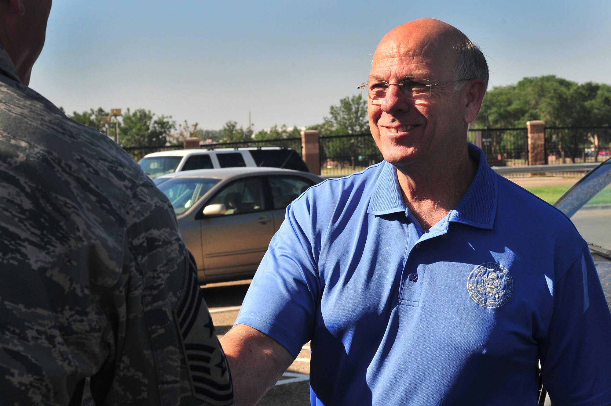 U.S. Congressman Steve Pearce, 2nd district representative of New Mexico, meets with U.S. Air Force Chief Master Sgt. Paul Henderson, 27th Special Operations Wing command chief, during his visit Aug. 8, 2013 at Cannon Air Force Base, N.M. The purpose of his visit was to receive a comprehensive understanding of 27 SOW operations. (U.S. Air Force Photo/Airman 1st Class Xavier Lockley)