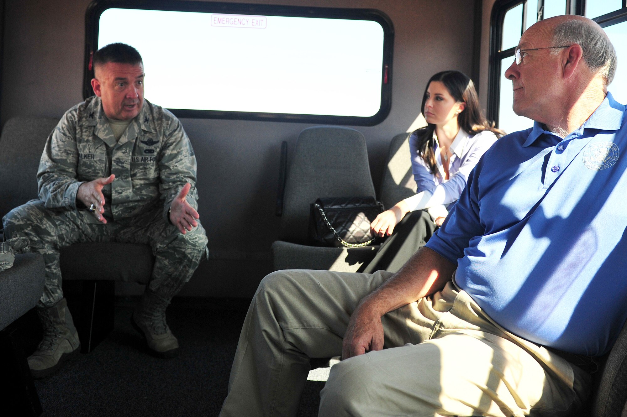 U.S. Congressman Steve Pearce, 2nd district representative of New Mexico, speaks with U.S. Air Force Col. Craig Walker, 27th Special Operations Wing vice commander, during his visit Aug. 8, 2013 at Cannon Air Force Base, N.M. The purpose of his visit was to receive a comprehensive understanding of 27 SOW operations. (U.S. Air Force Photo/Airman 1st Class Xavier Lockley)