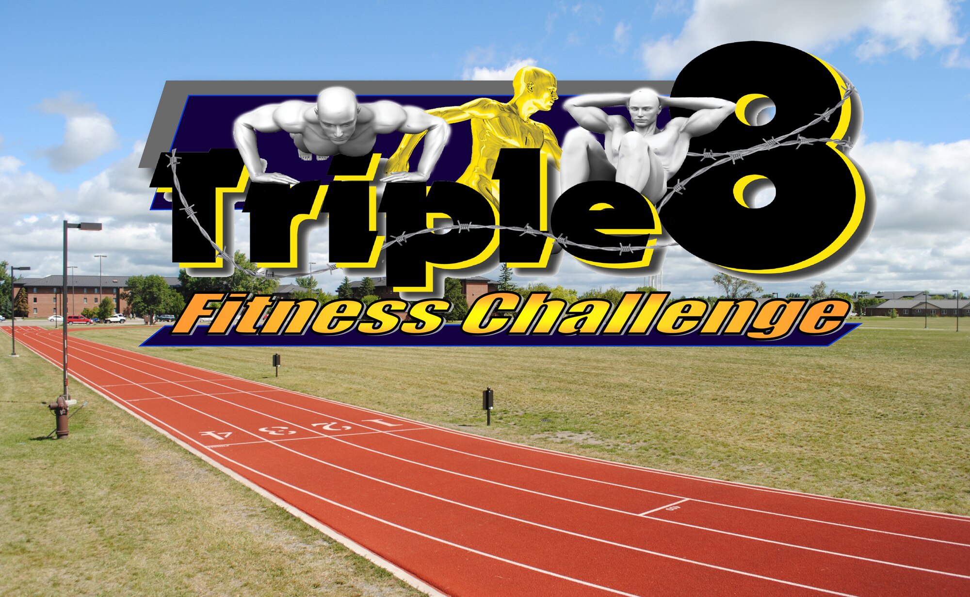 The Logistics Officer Association (LOA) is scheduled to host the Triple 8 Fitness Challenge at 9 a.m. on Sept. 5, 2013, at the base outdoor running track.
The Triple 8 Fitness Challenge is a premier fitness event designed to test the conditioning limits of Air Force athletes and to distinguish an elite group that sets the fitness standard. Adobe Photoshop CS4 and Adobe Illustrator used for creation of this digital media product. Dimensions set at 2400 x 1477 pixels at a resolution of 300 dpi, RGB color, JPEG format. (Triple 8 graphic by Gina L. Freitag used for U.S. photo Illustration by Staff Sgt. Luis Loza Gutierrez)