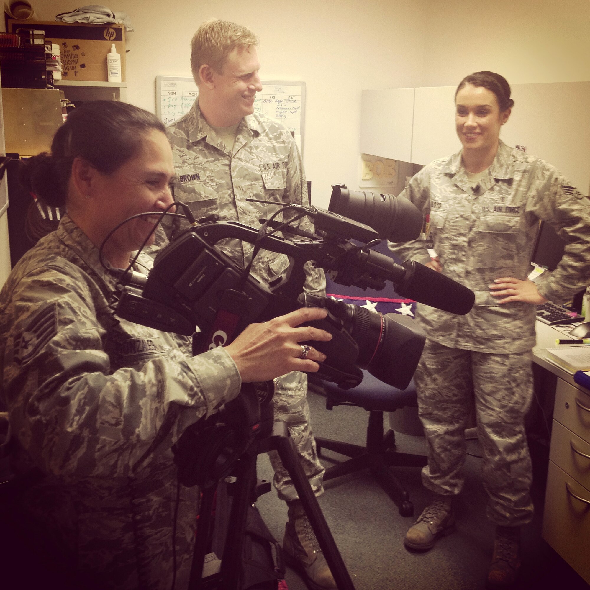 MCGHEE TYSON AIR NATIONAL GUARD BASE, Tenn. - Air National Guard broadcasters from across the nation sharpen their news story skills August 8, 2013, during the Smoky Short Course at the I.G. Brown Training and Education Center. The five-day course included hands-on assignments and peer-to-peer critiques aimed to develop camera skills and journalism techniques in news events. (U.S. Air National Guard photo illustration by Master Sgt. Mike R. Smith/Released)