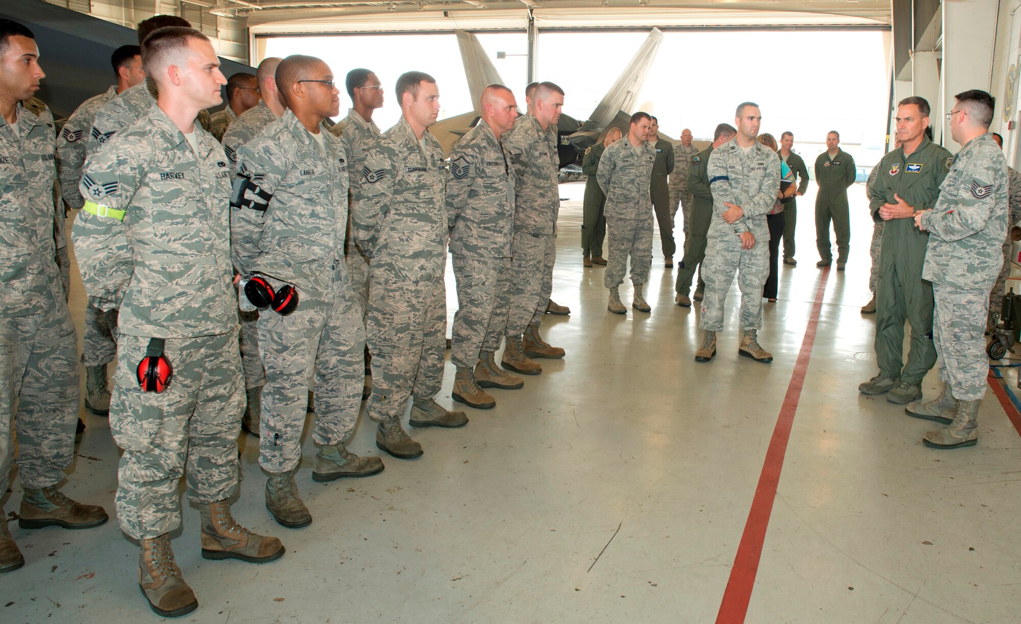 Maj. Gen. Jake Polumbo, 9th Air Force commander, visits the 43d Fighter Squadron and 43rd Aircraft Maintenance Unit as part of a familiarization tour Aug. 7. (U.S. Air Force photo by Lisa Norman) 