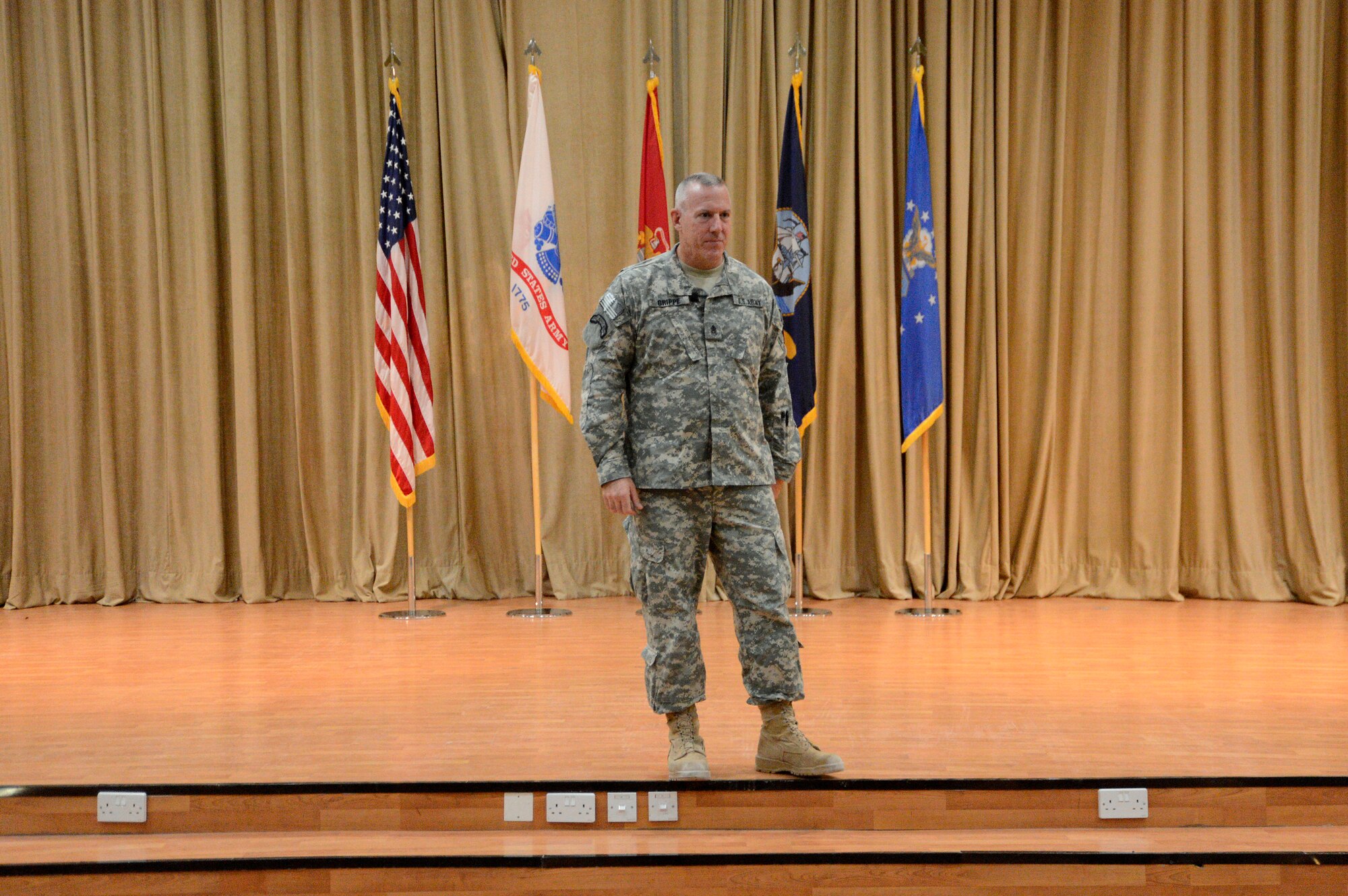 Command Sergeant Major Frank A. Grippe, U.S. Central Command, conducted an all-call Aug. 8, 2013 at an undisclosed location in Southwest Asia.  Grippe addressed the mostly Air Force audience on topics ranging from leadership to empoweing the enlisted corps.  "The enlisted corps is the heart of the force," he said.  "Empower our junior enlisted so they can grow up and follow in our footsteps.  Provide them that tough love, discipline and standards to prepare them."  U.S. Air Force photo by Master Sgt. Chris Campbell)