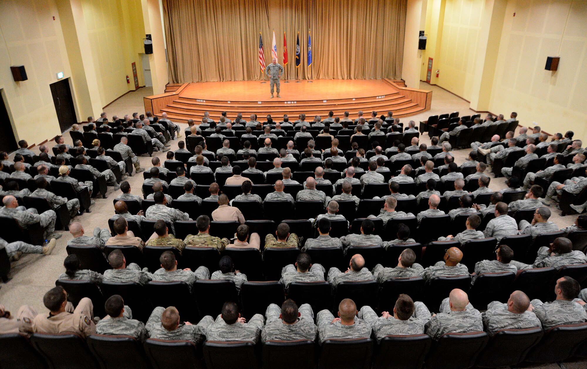 Command Sergeant Major Frank A. Grippe, U.S. Central Command, conducted an all-call Aug. 8, 2013 at an undisclosed location in Southwest Asia.  Grippe addressed the mostly Air Force audience on topics ranging from leadership to empoweing the enlisted corps.  "The enlisted corps is the heart of the force," he said.  "Empower our junior enlisted so they can grow up and follow in our footsteps.  Provide them that tough love, discipline and standards to prepare them."  U.S. Air Force photo by Master Sgt. Chris Campbell)