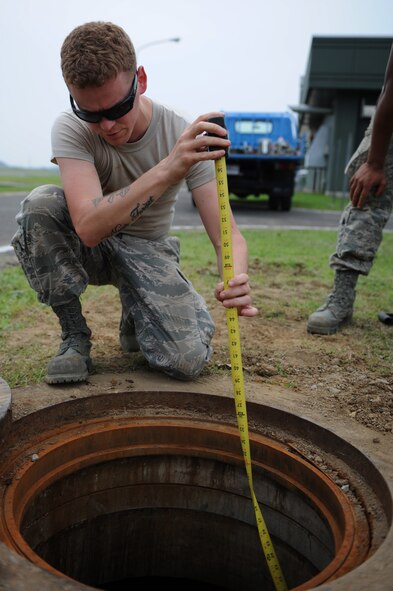 U.S. Air Force Senior Airman Hunter Stom, 35th Civil Engineer Squadron structural journeyman, measures to see where the core drill will enter the manhole at Misawa Air Base, Japan, Aug. 8, 2013. After a hole is drilled, members of the 35 CES will  run conduit that will house fiber optic cable that will be used for a base-wide internet upgrade. (U.S. Air Force photo by Senior Airman Kia Atkins) 