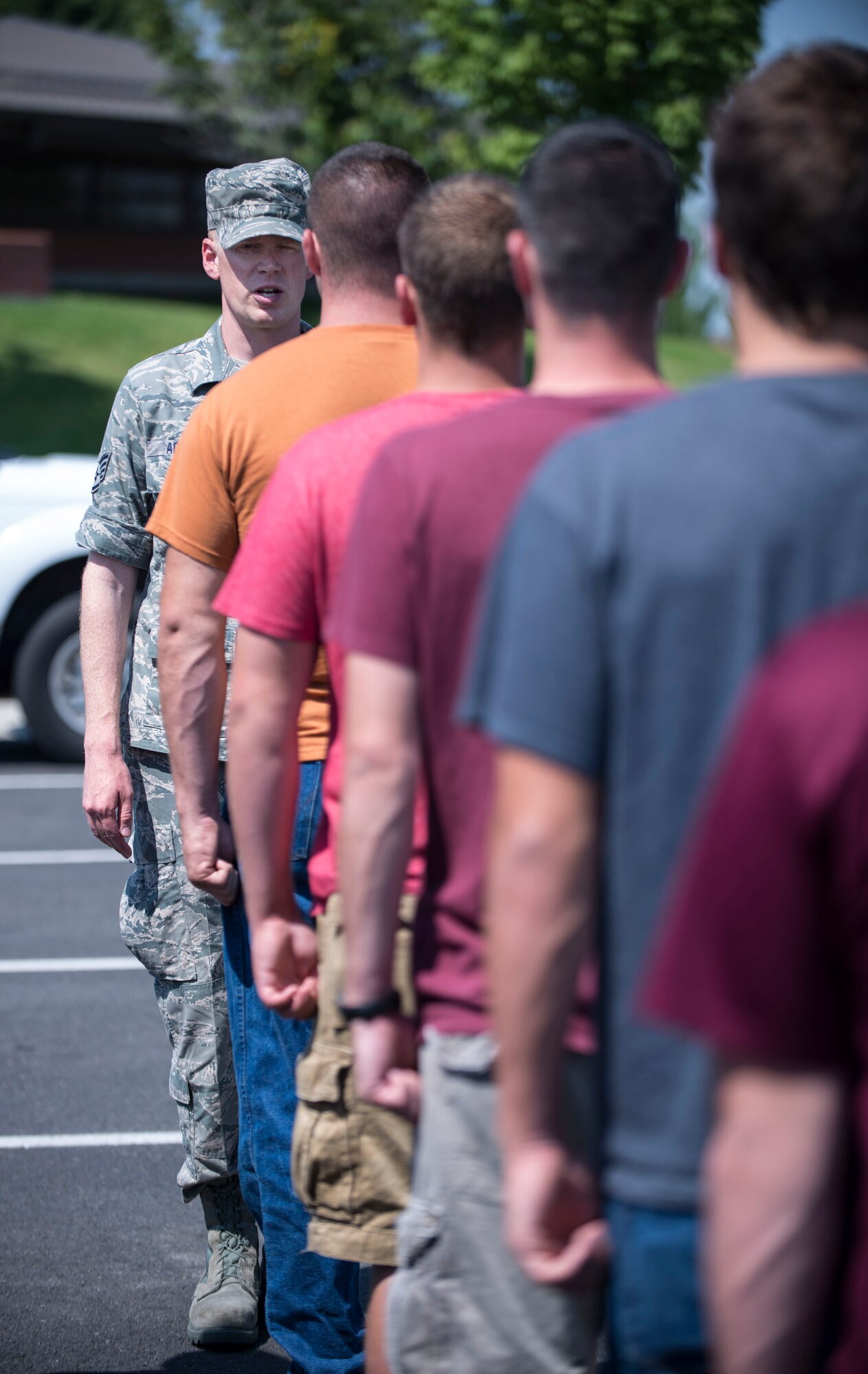 Staff Sgt. Michael Addams, Student Flight Noncommisioned Officer In Charge, instructs students assigned to the 141st Air Refueling Wing at Fairchild AFB, Wa on proper drill and ceremony procedures.  Staff Sgt. Addams has been a member of the 141st Air Refueling Wing since 2010. (U.S. Air Force photo by Master Sgt. Michael Stewart/Released)