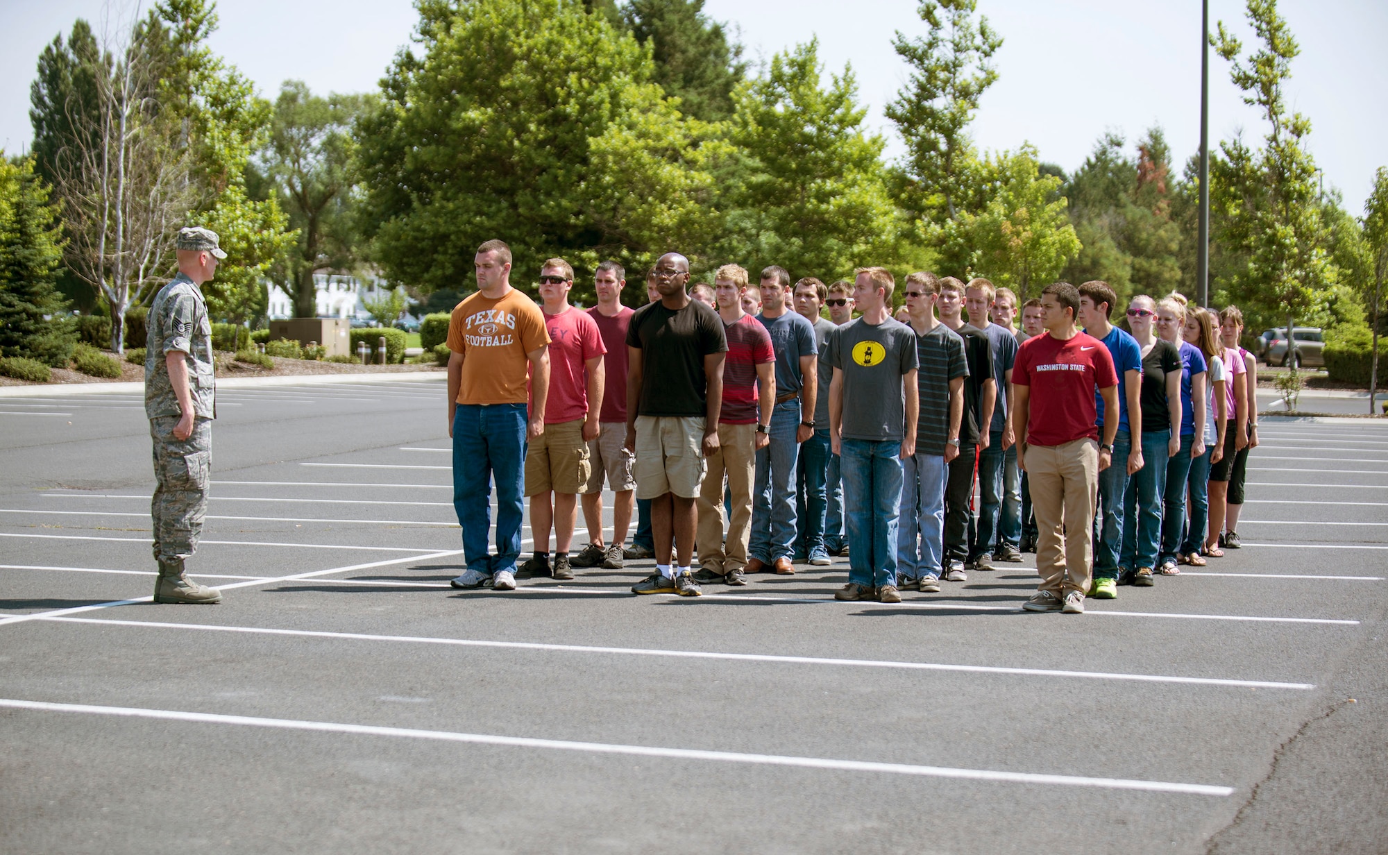 Staff Sgt. Michael Addams, Student Flight Noncommisioned Officer In Charge, instructs students assigned to the 141st Air Refueling Wing at Fairchild AFB, Wa on proper drill and ceremony procedures.  Staff Sgt. Addams has been a member of the 141st Air Refueling Wing since 2010. (U.S. Air Force photo by Master Sgt. Michael Stewart/Released)