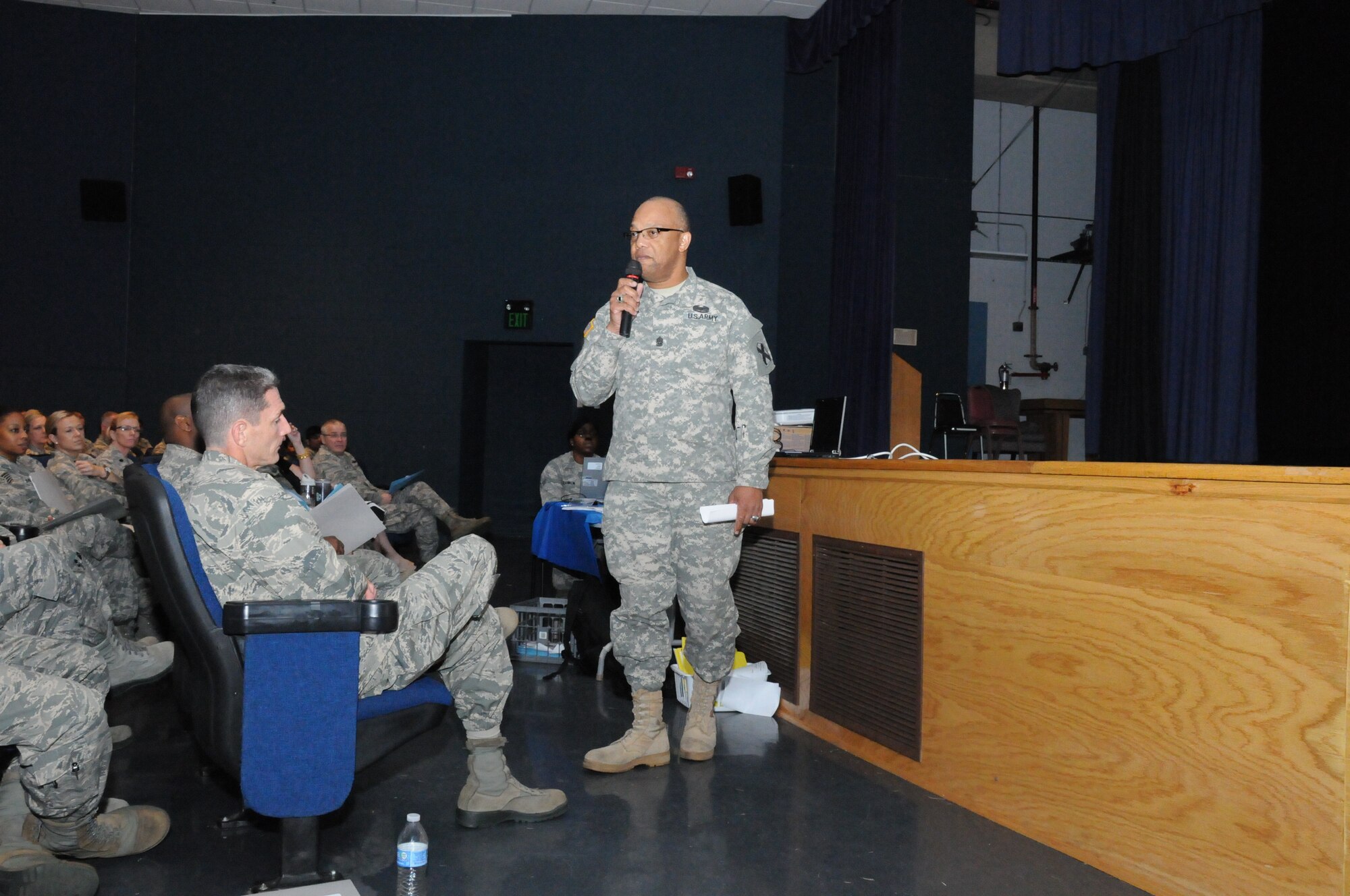 Command Sgt. Maj. Henry A. Motley Jr., the alternate Sexual Assault Response Coordinator for the Va. Air National Guard, briefs airmen from the unit during the Sexual Assault Prevention & Response Stand-Down Program, August 11, 2013. The SAPR Program is designed to address sexual assault in the military and provides tools and resources for service members to use if an incident occurs. (U.S. Air National Guard photo by Master Sgt. Carlos J. Claudio/Released)