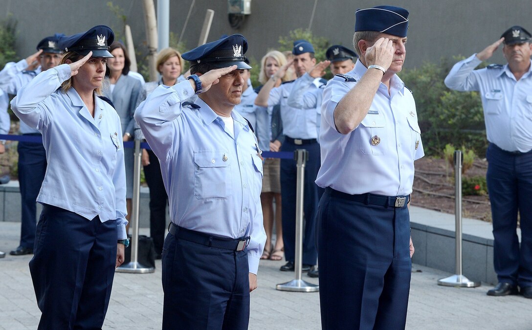 Chief of Staff Gen. Mark A. Welsh III (right center), is welcomed with a ceremony by Maj. Gen. Amir Eshel, Israeli Air Force commander Aug. 4, 2013, in Tel Aviv. Welsh's visit provided 
the opportunity to discuss the future of the U.S.-Israel military
partnership, and included a number of office calls and site visits with Israeli senior military leaders, along with a cultural tour. 
