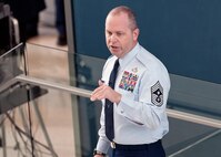 Chief Master Sgt. James W. Hotaling met with Airmen in the National Capital Region for the first time during an enlisted call at the ANG Readiness Center.