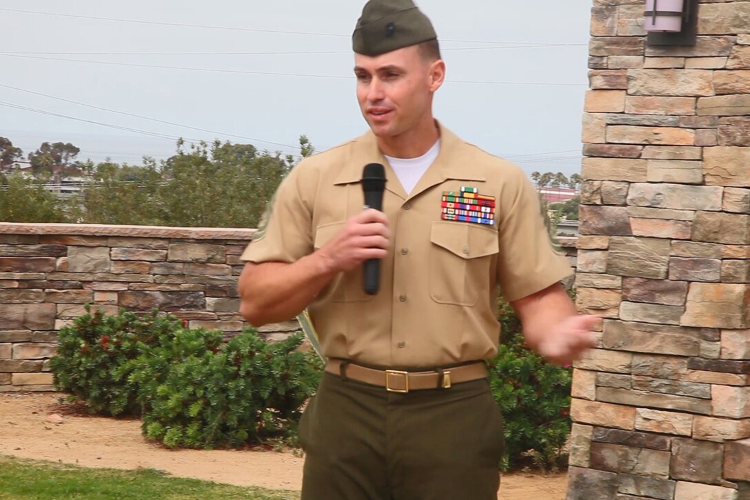 Gunnery Sgt. Kalan G. Chaloupek, motor transportation operations chief, Combat Logistics Battalion 5, 1st Marine Logistics Group, speaks to the guests during his retirement ceremony aboard Camp Pendleton, Calif., August 7, 2013. Chaloupek enlisted in July 1993 and has served with CLB-5 since March 2011. 