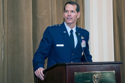 Lt. Gen. Stanley E. Clarke III, director of the Air National Guard, addresses attendees at the 2012 Air Force Association ANG Action Officers of the Year ceremony at the Sheraton National Harbor Hotel, Arlington, Va. March 13, 2013 