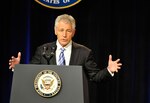 Secretary of Defense Chuck Hagel announced fewer furlough days for civilian DoD employees. He is pictured addressing guests during his swearing-in ceremony March 14, 2013, at the Pentagon in Arlington, Va.