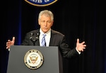 Secretary of Defense Chuck Hagel announced fewer furlough days for civilian DoD employees. He is pictured addressing guests during his swearing-in ceremony March 14, 2013, at the Pentagon in Arlington, Va.