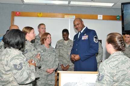 Master Sgt. Charlie Peterson talks with students at the Noncommissioned Officers Academy at Tyndall Air Force Base, Fla., March 27, 2013. A classroom at the academy was named in his honor. Peterson is a member of the 127th Logistics Readiness Squadron at Selfridge Air National Guard Base, Mich.