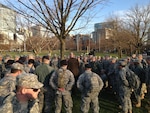 Soldiers and Airmen of the Massachusetts National Guard muster on the Boston Common to receive orders for a coordinated response in support of civilian authorities in the wake of the marathon bombings, April 15 2013.