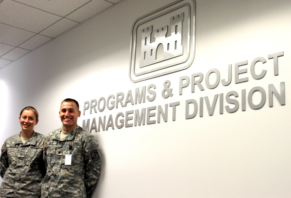 Cadet Mackenzie Vaughn, left, a senior at the U.S. Military Academy, and Cadet Chris Lillie, a junior with the University of Notre Dame's Reserve Officer's Training Corps program, completed a three-week-long internship with the Los Angeles District Aug. 8.  The two shadowed engineer officers and district civilian professionals through a myriad of projects in order to gain experience and expose them to the inner workings of the Corps, its mission, and impact on society.
