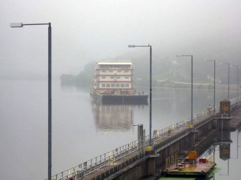 Motor Vessel MISSISSIPPI emerges from the early morning fog as she approaches Lock and Dam 6 in Trempeleau, Wis. Motor Vessel MISSISSIPPI emerges from the early morning fog as she approachs Lock and Dam 6 in Trempeleau, Wis. The largest diesel towboat on the Mississippi River was on the Upper Mississippi River as part of the Mississippi River Commission's Low Water Inspection trip. A public hearing was hosted by the Mississippi River Commission and Corps of Engineers onboard the Motor Vessel MISSISSIPPI at Riverside Park Landing in La Crosse, Wis., August 12, 2013.