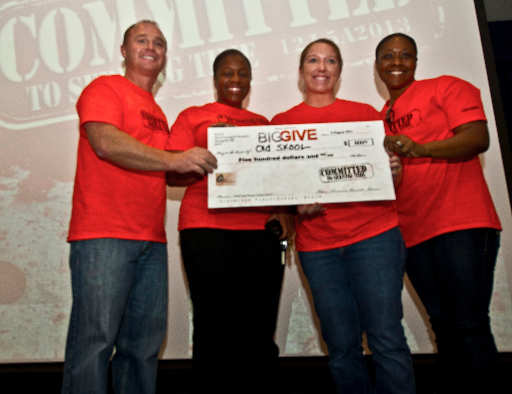 Members of the Big Give team ”Old Skool” accepts a check after winning one of the two Big Give People’s Choice Awards at the Desert Sands Enlisted Club at Holloman Air Force Base, N.M., Aug. 9. Old Skool won $500 for their project in which they collected and provided alarm clocks and cell phones for the Center for Protective Environment to be given to domestic abuse victims. (U.S. Air Force photo by Airman 1st Class Chase Cannon / Released)