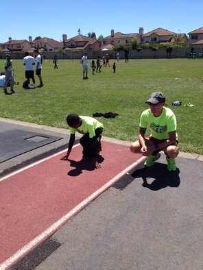 Omari Davis, son of Tech Sgt. Glenn Davis, 9th Force Support Squadron NCOIC of formal training, trains for the Hershey’s Track and Field North American Finals in Hershey, Pa. Omari represented Region 2 which consisted of California, Nevada, Utah and Hawaii in the event. (Courtesy photo)