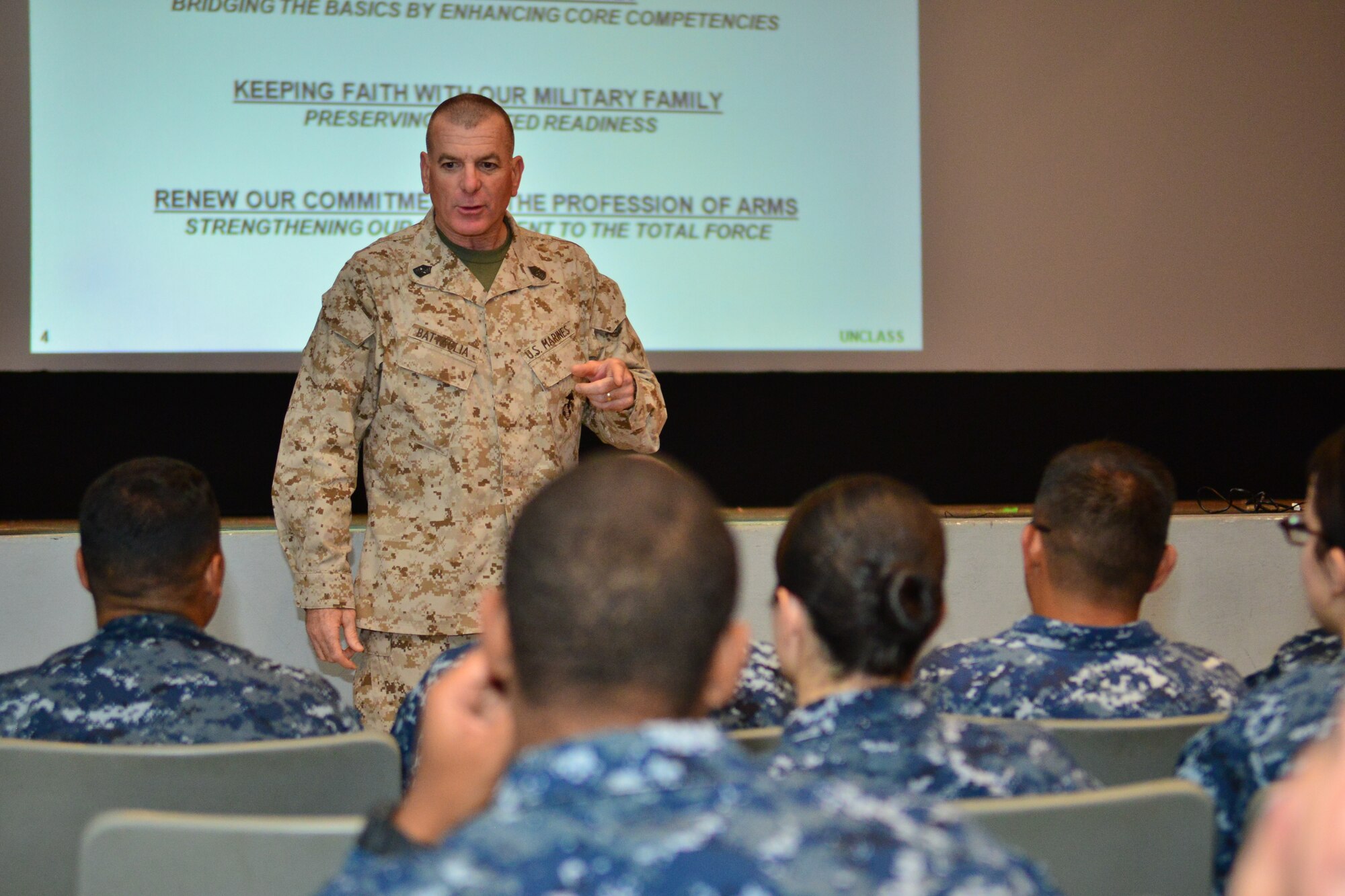 Marine Corps Sergeant Maj. Bryan Battaglia, senior enlisted advisor to the Chairman of the Joint Chiefs of Staff, met with Sailors, Soldiers and Airmen during a town hall meeting at the Hickam Air Force Base theater on Joint Base Pearl Harbor-Hickam, Hawaii, Aug. 6, 2013. During the event, Battaglia discussed the importance of the profession of arms and maintaining resiliency. The SEAC also shared his priorities and his expectations for servicemembers in the Pacific Armed Forces region. (U.S. Air Force photo by Senior Airman Christopher Stoltz)
