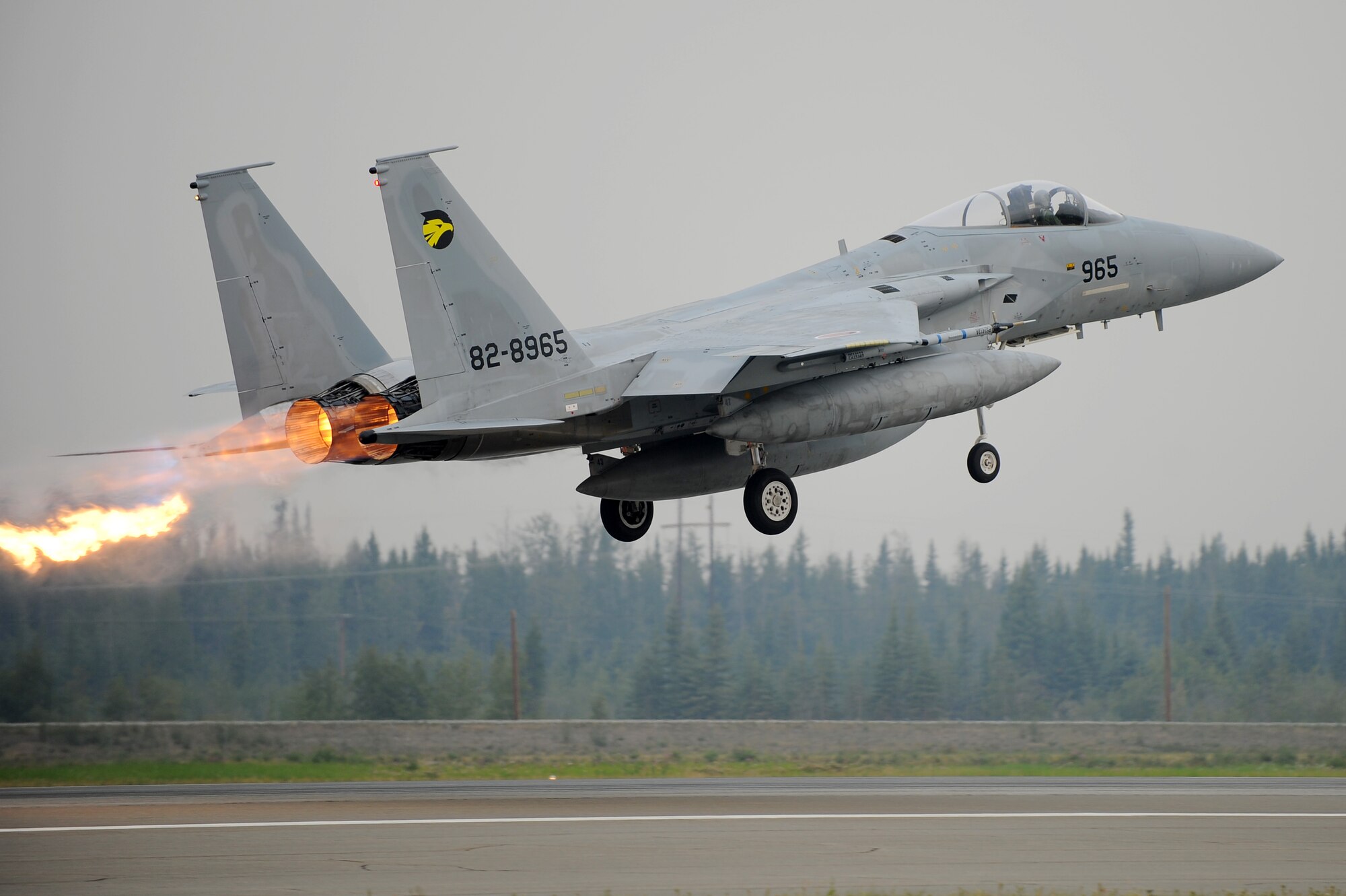A Japan Air Self Defense Force F-15 Eagle takes off in preparation for RED FLAG-Alaska Aug. 9, 2013, Eielson Air Force Base, Alaska. U.S. and coalition forces took flight Aug. 12, marking the official start to RF-A 13-3. RF-A 13-3 runs through Aug. 23 and is a Pacific Air Forces-sponsored, Joint National Training Capability accredited exercise, enables participating units to sharpen their combat skills by flying simulated combat sorties in a realistic threat environment. (U.S. Air Force photo by Staff Sgt. Jim Araos/Released)