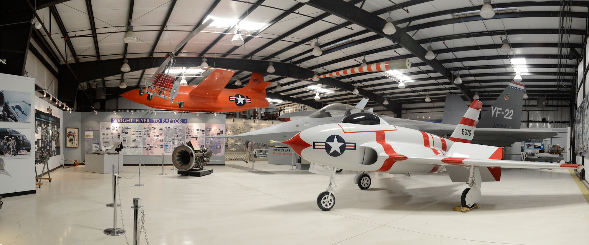 The number one X-4 Bantam (foreground/right) is now part of the indoor collection of aircraft in the Air Force Flight Test Center Museum at Edwards AFB, Calif.Two X-4s were built by the Northrop Corporation, but the first was found to be mechanically unsound and after 10 flights it was grounded and used to provide parts for the second. While being tested from 1950 to 1953 at the NACA High-Speed Flight Research Station (now Edwards Air Force Base), the X-4's semi-tailless configuration exhibited inherent longitudinal stability problems as it approached the speed of sound. It was concluded that (with the control technology available at the time) tailless craft were not suited for transonic flight. (U.S. Air Force photo by Rebecca Amber)