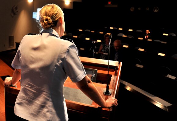 Capt. Sarah Priebe, a Special Victims Unit senior trial counsel answers a
question posed by Mr. Alan Rod, an instructor at the Air Force Public
Affairs Center of Excellence, during a simulated press conference at the
Judge Advocate General's School at Maxwell Air Force Base, Ala., July 23,
2013. Members of PACE produced the simulation to prepare the STCs for
high-visibility and sexual assault cases. PACE instructors provide education
and training to ensure students are better able to communicate in the modern
information environment and are responsible for the creation and
implementation of public communication curriculum across The Air University.
(U.S. Air Force photo by Staff Sgt. Gregory Brook)